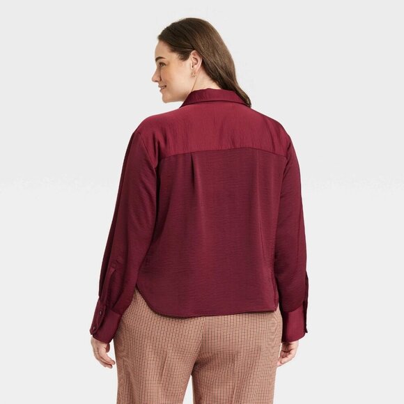XXL - Womens Relaxed Fit Long Sleeve Button-Down Shirt - A New Day - Burgundy - Picture 2 of 5